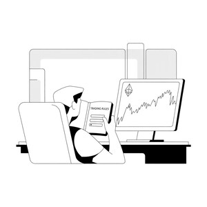 K&ouml;nnte beinhalten: Schwarz-Wei&szlig;-Illustration einer Person, die am Schreibtisch ein Buch mit der Aufschrift "TRADING RULES" liest. Ein Computermonitor zeigt ein Diagramm und das Ethereum-Symbol, was auf Finanzhandel hindeutet.