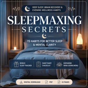 Può includere: Una guida in download digitale intitolata SLEEPMAXING SECRETS: 15 HABITS FOR BETTER SLEEP & MENTAL CLARITY. Il PDF di 22 pagine include un tracker del sonno, una lista di controllo e un menu di rilassamento, su una scena di camera da letto.