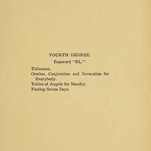 May include: A page from a vintage book titled "Imperial Ritual of Magic." The text includes "Fourth Degree," "Password 'RL,'" and other related terms. The page has a cream-colored background with black text.