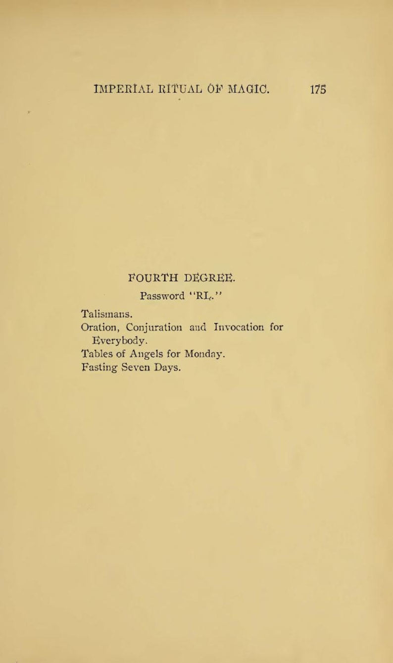 May include: A page from a vintage book titled "Imperial Ritual of Magic." The text includes "Fourth Degree," "Password 'RL,'" and other related terms. The page has a cream-colored background with black text.