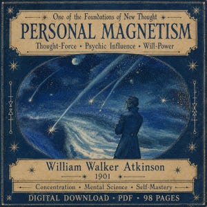 May include: A book cover titled Personal Magnetism by William Walker Atkinson, 1901. The design features a dark blue oval illustration of a person looking at a starry night sky with shooting stars. Text includes Thought-Force, Psychic Influence, Will-Power, Concentration, Mental Science, Self-Mastery, and Digital Download PDF 98 pages.
