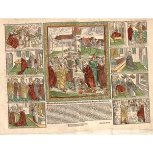 May include: A multi-panel, antique print with detailed illustrations and text. The artwork features scenes with figures in period clothing, set against architectural backgrounds. The color palette includes reds, greens, and yellows.