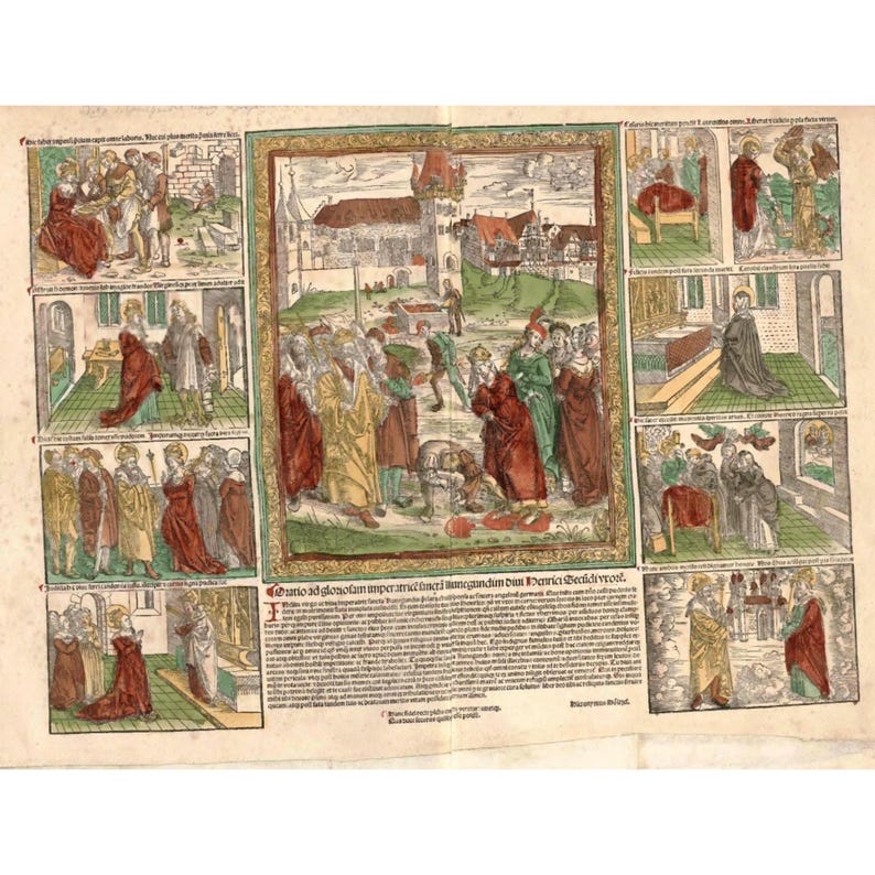 May include: A multi-panel, antique print with detailed illustrations and text. The artwork features scenes with figures in period clothing, set against architectural backgrounds. The color palette includes reds, greens, and yellows.