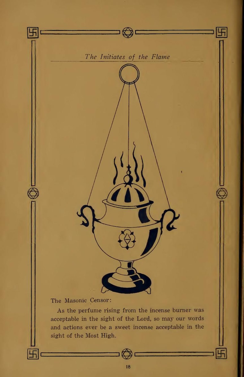May include: A vintage book illustration showing a blue and white incense burner, with the text "The Initiates of the Flame" above. The page has a decorative border with geometric symbols. Text at the bottom reads "The Masonic Censor".