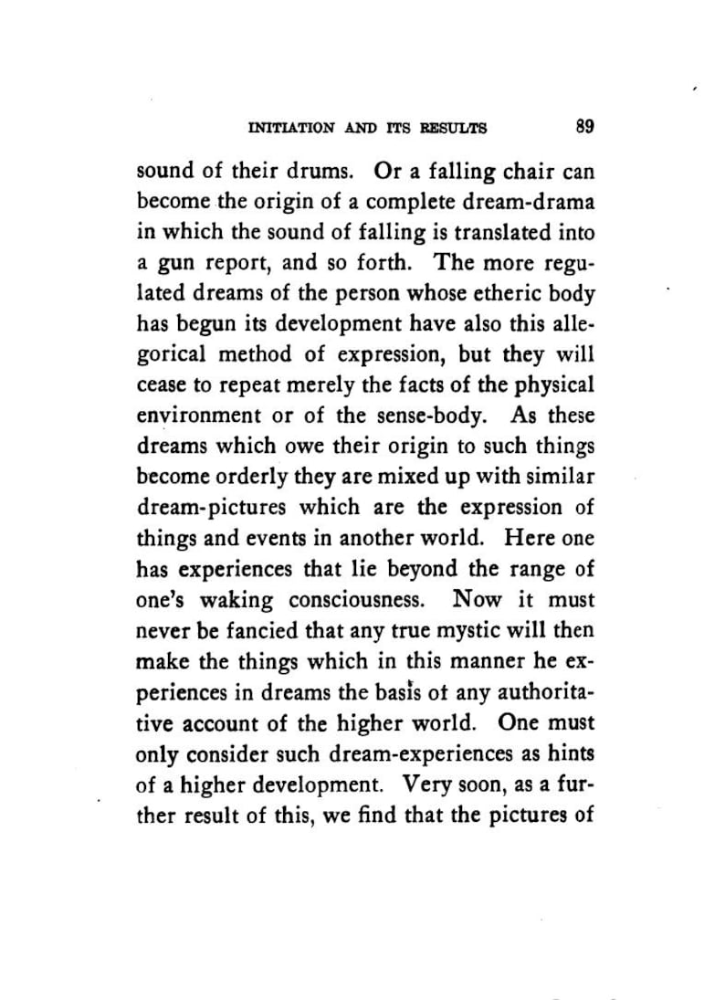 May include: A page from a book titled "INITIATION AND ITS RESULTS" with text in black font. The text discusses dreams, consciousness, and the interpretation of experiences. The page number "89" is visible in the upper right corner.