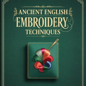 May include: A dark green book cover with the title "ANCIENT ENGLISH EMBROIDERY TECHNIQUES" in gold. It features a stitched square design with colourful embroidery thread and a needle.
