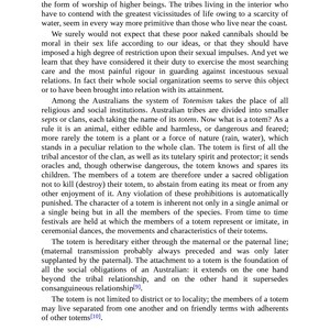 May include: A page of printed text from a book. The text is in black font on a white background. The text discusses the concept of Totemism among Australian tribes, including their beliefs and practices related to totems.