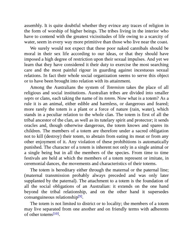 May include: A page of printed text from a book. The text is in black font on a white background. The text discusses the concept of Totemism among Australian tribes, including their beliefs and practices related to totems.
