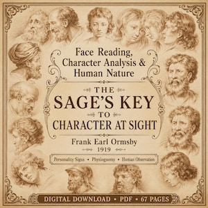 May include: A vintage digital download cover with a beige background and a decorative border. The cover features illustrations of faces surrounding the title "The Sage's Key to Character at Sight" by Frank Earl Ormsby, 1919. The cover also includes the text "Face Reading, Character Analysis & Human Nature."