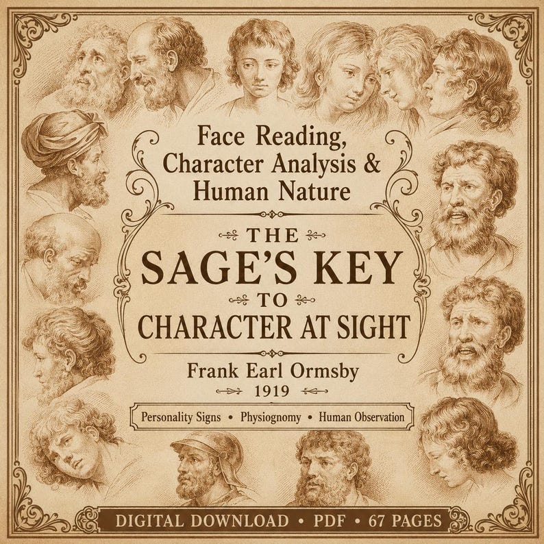 May include: A vintage digital download cover with a beige background and a decorative border. The cover features illustrations of faces surrounding the title "The Sage's Key to Character at Sight" by Frank Earl Ormsby, 1919. The cover also includes the text "Face Reading, Character Analysis & Human Nature."