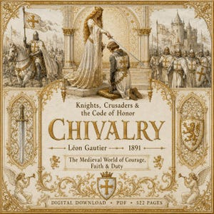 May include: A digital book cover titled Chivalry by Léon Gautier, 1891. The beige and gold illustration features a queen knighting a crusader, surrounded by knights, a castle, a sword, a shield, and angels. Text includes Knights, Crusaders & the Code of Honor, The Medieval World of Courage, Faith & Duty, and Digital Download PDF 522 pages.