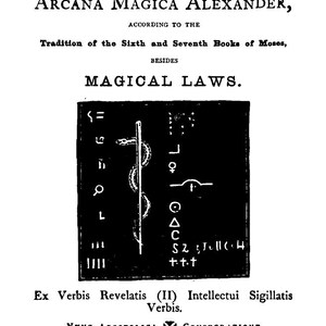 May include: A black and white page from a book titled "Biblia, Arcana Magica Alexander". The page includes text, symbols, and illustrations, with the title and other text in a serif font. The page also includes the text "Magical Laws".