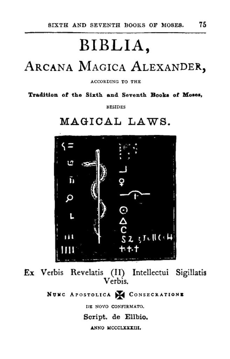 May include: A black and white page from a book titled "Biblia, Arcana Magica Alexander". The page includes text, symbols, and illustrations, with the title and other text in a serif font. The page also includes the text "Magical Laws".