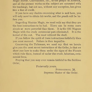 May include: A vintage book page with the heading "FOREWORD" and text discussing mysteries, magic, and instructions. The page includes the signature of Pythagoras, Supreme Master of the Order.