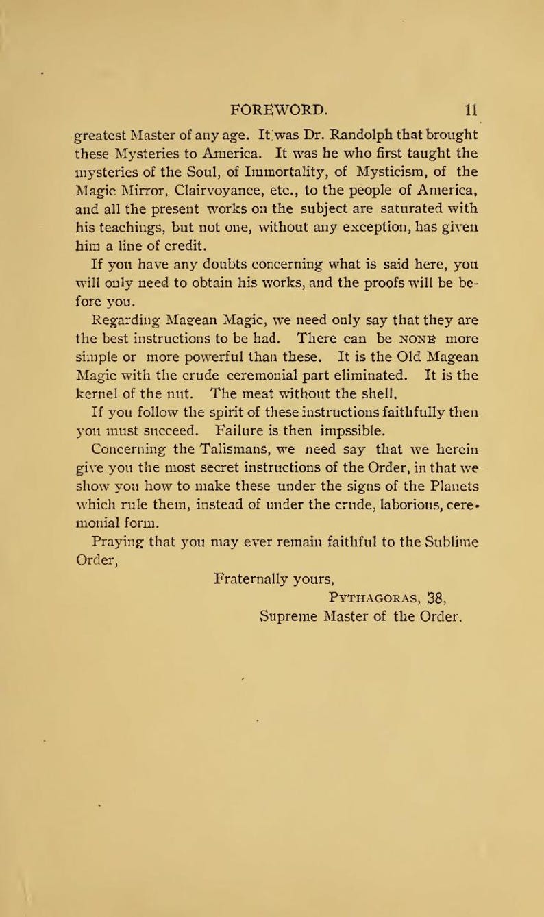 May include: A vintage book page with the heading "FOREWORD" and text discussing mysteries, magic, and instructions. The page includes the signature of Pythagoras, Supreme Master of the Order.