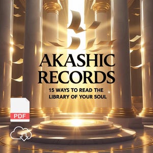 Könnte beinhalten: Digitales Bild mit dem Text "AKASHIC RECORDS" und "15 MÖGLICHKEITEN, DIE BIBLIOTHEK DEINER SEELE ZU LESEN". Das Bild zeigt ein helles, goldenes und ätherisches Design mit schwebenden Seiten und einem PDF-Symbol.