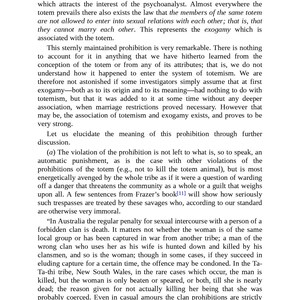May include: A page of printed text from a book, with paragraphs and indented sections. The text explores the totemic system, exogamy, and cultural prohibitions. The text includes a quote from Frazer's book.
