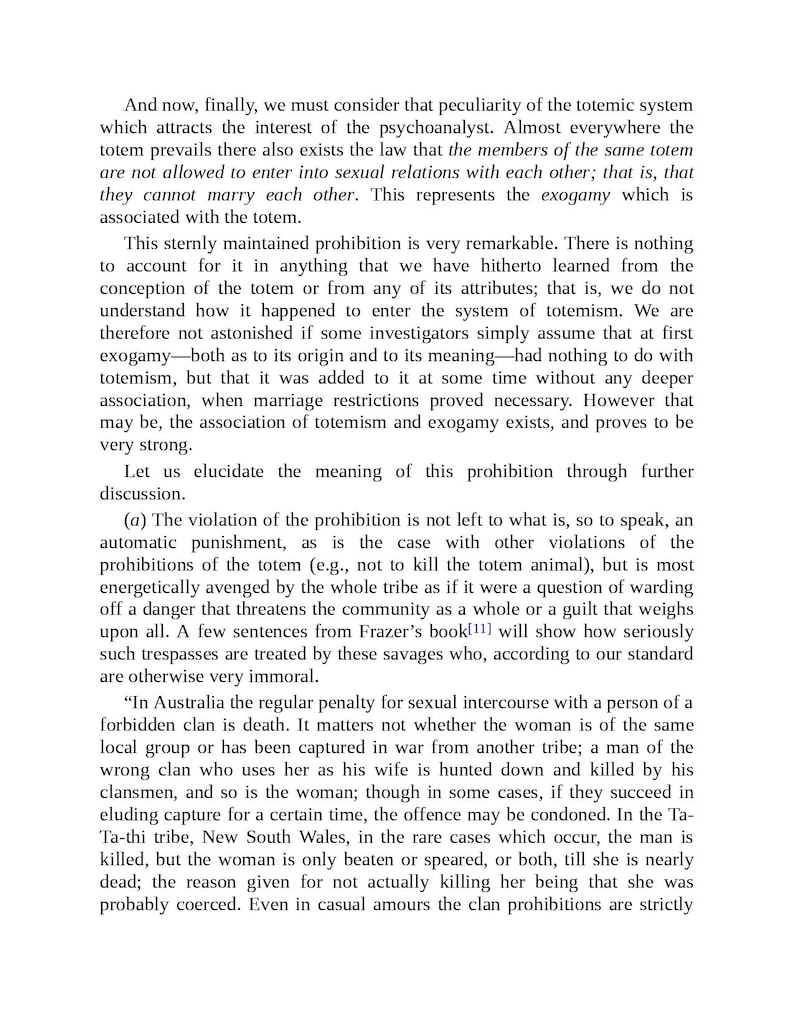 May include: A page of printed text from a book, with paragraphs and indented sections. The text explores the totemic system, exogamy, and cultural prohibitions. The text includes a quote from Frazer's book.