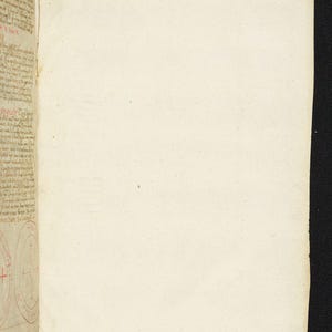 May include: Open book with aged, off-white pages. The left page features handwritten text in black ink with red markings and circular illustrations. The right page is blank. The book is set against a black background.