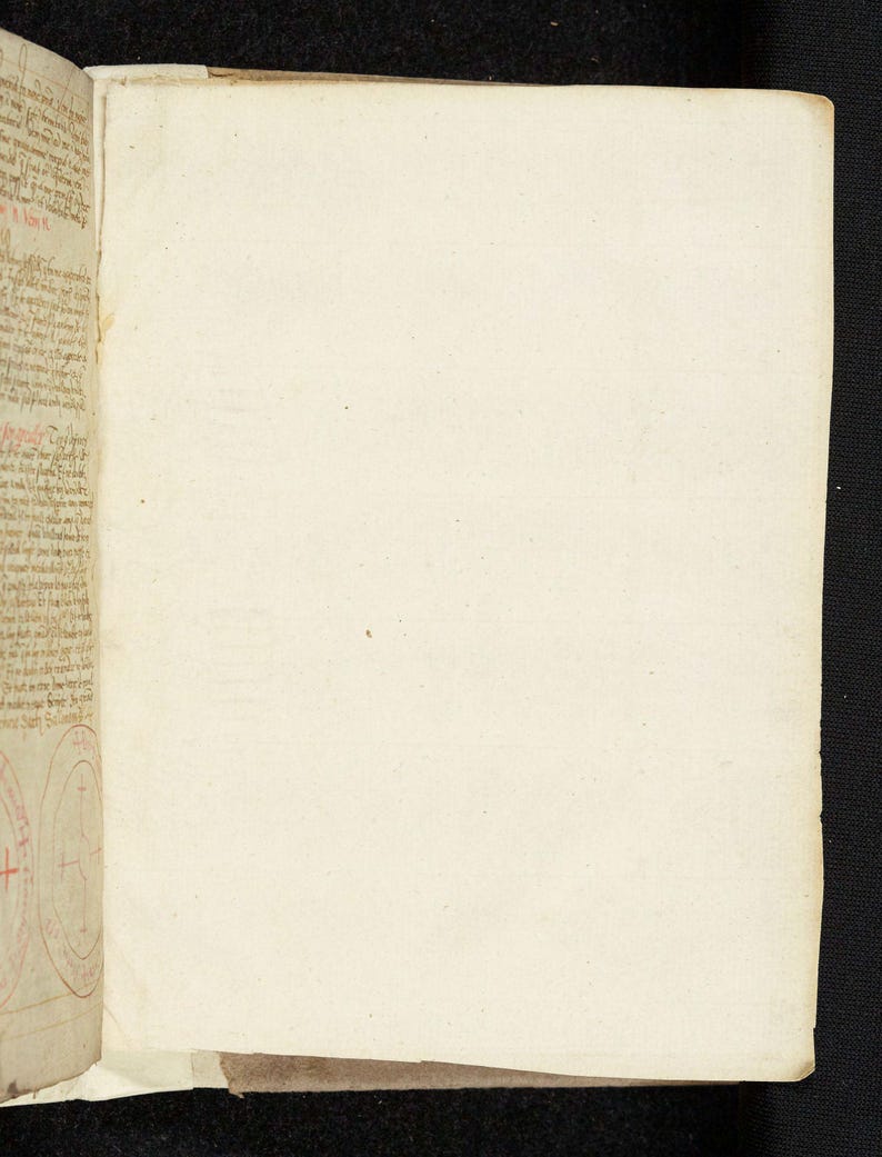May include: Open book with aged, off-white pages. The left page features handwritten text in black ink with red markings and circular illustrations. The right page is blank. The book is set against a black background.