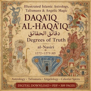 Puede incluir: Una portada de libro digital titulada Daqa'iq Al-Haqai'iq Degrees of Truth por al-Nasiri, 1272-1273 AD. El fondo beige estilo pergamino presenta ilustraciones intrincadas de una figura con túnica, un jinete alado y motivos celestiales.