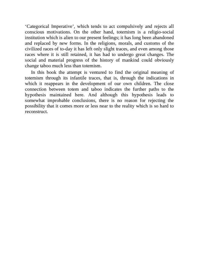 May include: A book page featuring black text on a white background. The text, starting with 'Categorical Imperative', explores themes of totemism, religion, and societal changes. The writing is dense and academic in style.