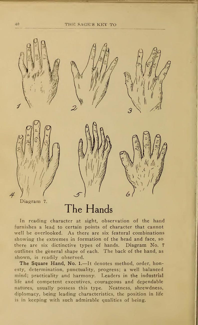 May include: A page from "The Sage's Key To" featuring six hand diagrams, numbered 1 to 6. The text below, titled "The Hands", discusses how hand shapes relate to character traits. The page is from an old book.