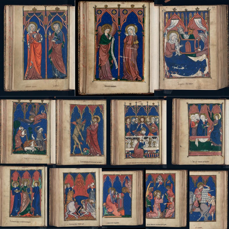 May include: A collection of illuminated manuscript pages, each featuring vibrant illustrations within ornate, arched frames. The artwork depicts figures in robes, set against blue and gold backgrounds, with detailed architectural elements.