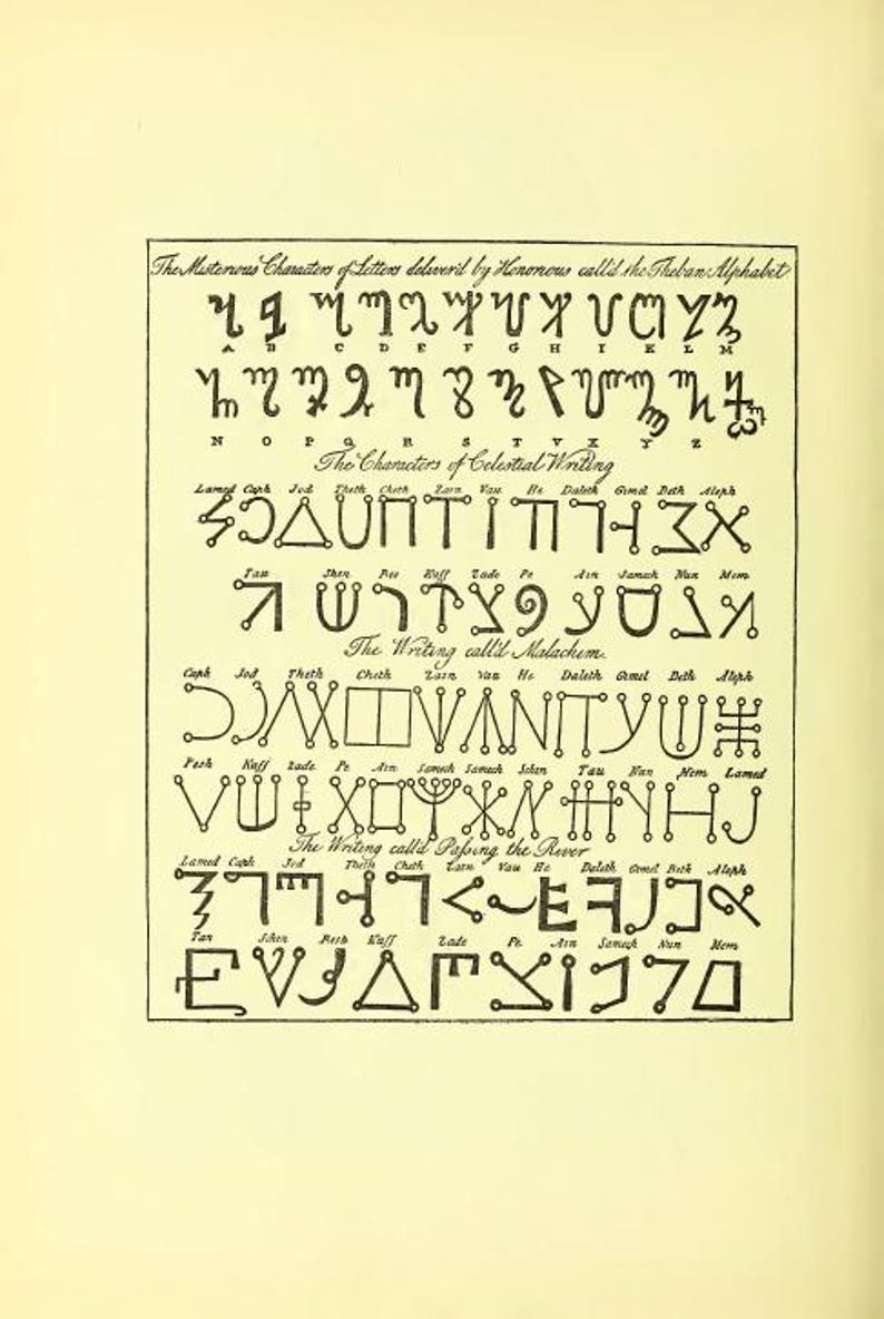 May include: A vintage page featuring various stylized alphabets and symbols, including the "Theban Alphabet" and "Celestial Writing." The black ink on the aged paper creates a classic, scholarly aesthetic. The text includes titles and labels.