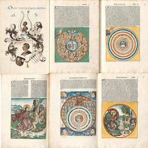 May include: A collection of six open pages from an antique book. The pages feature detailed illustrations and text, including a coat of arms, circular diagrams, and biblical scenes. The illustrations are in vibrant colors.