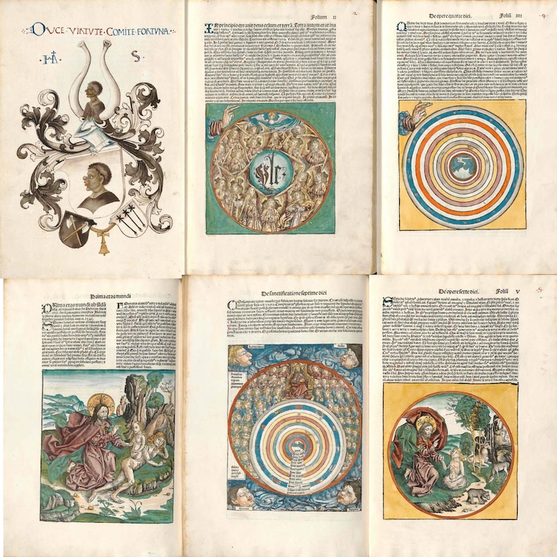 May include: A collection of six open pages from an antique book. The pages feature detailed illustrations and text, including a coat of arms, circular diagrams, and biblical scenes. The illustrations are in vibrant colors.