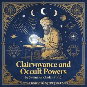 May include: A vintage-style illustration depicting a man in a turban looking into a crystal ball. The image is set against a dark blue backdrop with celestial motifs. The title "Clairvoyance and Occult Powers" is displayed, along with the author's name and publication year. Gold borders frame the image.
