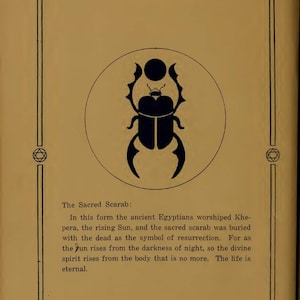 May include: An antique book page with the title "The Initiates of the Flame." It features a black scarab beetle illustration inside a circle, with text describing its significance in ancient Egyptian culture. The page has a decorative border.