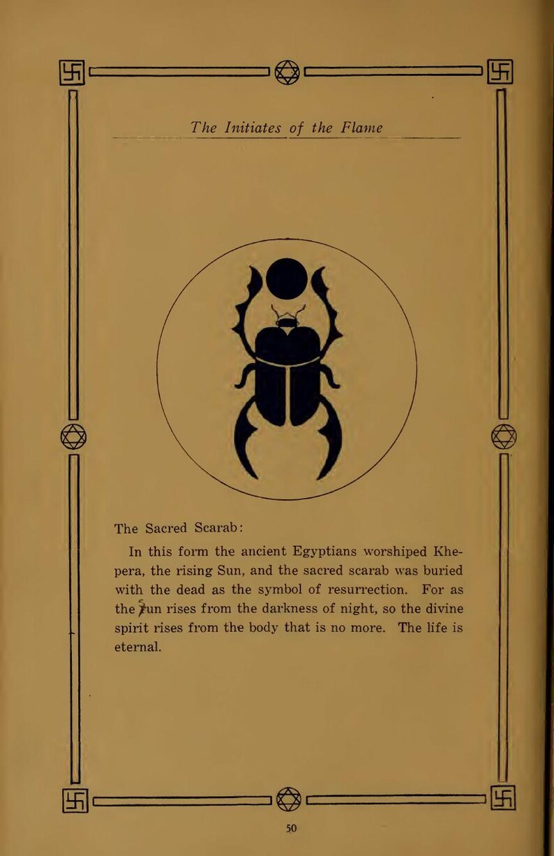 May include: An antique book page with the title "The Initiates of the Flame." It features a black scarab beetle illustration inside a circle, with text describing its significance in ancient Egyptian culture. The page has a decorative border.