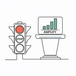 K&ouml;nnte beinhalten: Illustration einer Ampel mit rotem Licht und dem Wort "STOP" in der Mitte. Daneben befindet sich ein Display mit dem Wort "AMPLIFY" und einem gr&uuml;nen Balkendiagramm.