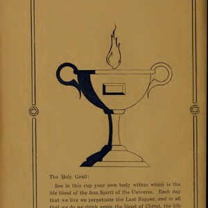 May include: A vintage book illustration showing a chalice with a flame above it. The title "The Initiates of the Flame" is at the top. The page has decorative borders with symbols and the text "The Holy Grail".