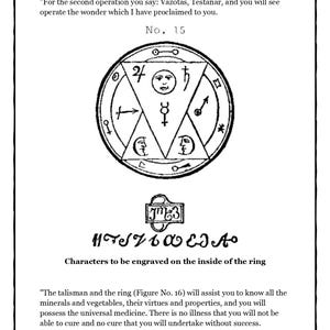 以下が含まれることがあります： 記号とテキストを含む「No. 15」とラベル付けされた、詳細な円形図が特徴の書籍のページ。 図には幾何学的な形状とイラストが描かれており、その使用方法を説明するテキストが添えられています。