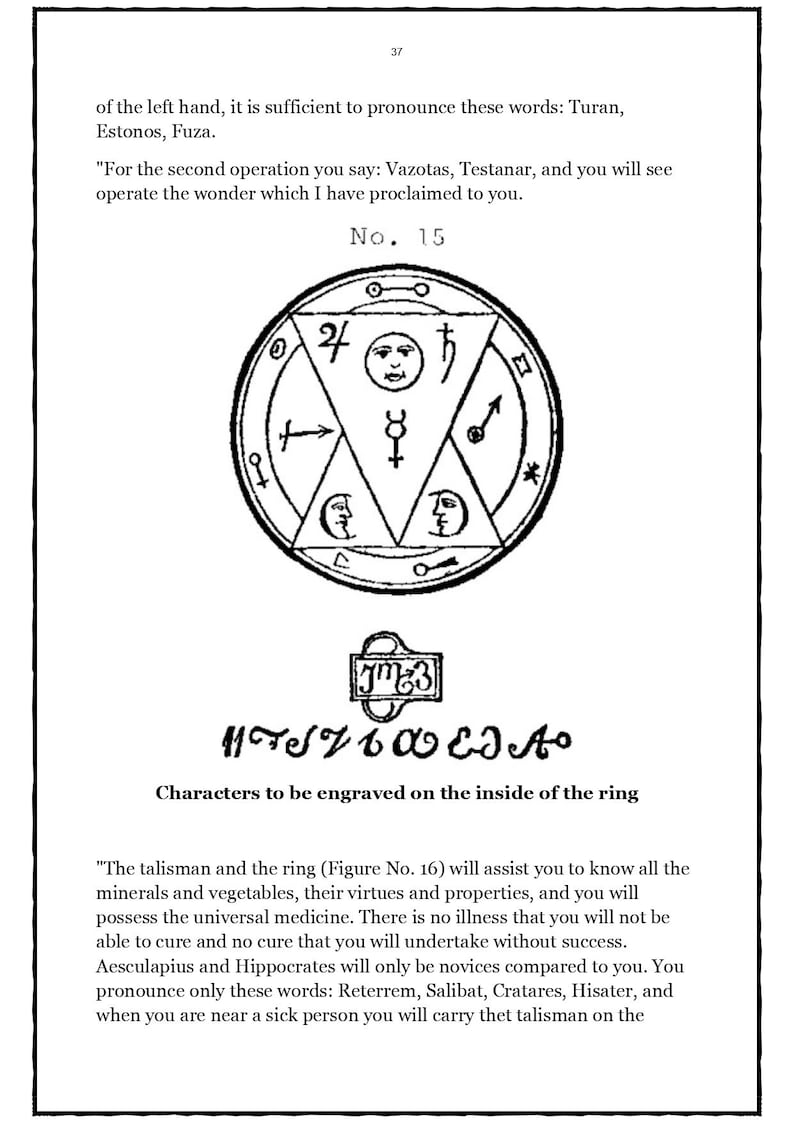 以下が含まれることがあります： 記号とテキストを含む「No. 15」とラベル付けされた、詳細な円形図が特徴の書籍のページ。 図には幾何学的な形状とイラストが描かれており、その使用方法を説明するテキストが添えられています。