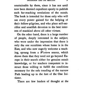 May include: A vintage book page with the title "INITIATION AND ITS RESULTS" and the number 9. The text is in black ink on aged, off-white paper. The page contains several paragraphs of text discussing occultism and its teachings.