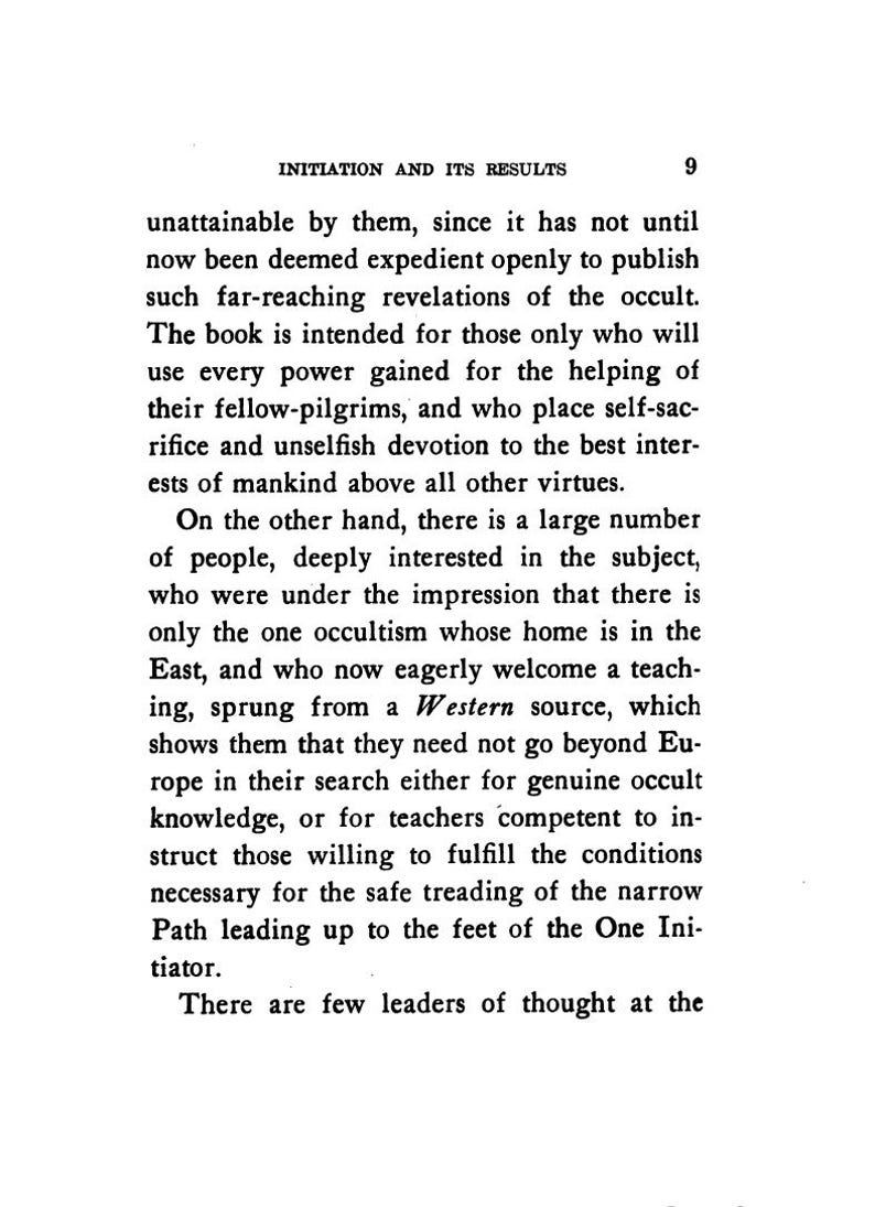 May include: A vintage book page with the title "INITIATION AND ITS RESULTS" and the number 9. The text is in black ink on aged, off-white paper. The page contains several paragraphs of text discussing occultism and its teachings.