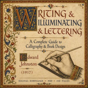 Peut inclure: Couverture de livre vintage intitulée "Writing & Illuminating & Lettering" avec des bordures florales et géométriques ornées. La couverture présente une grande initiale "W" et le nom de l'auteur, Edward Johnston, avec l'année 1917. Une main est montrée en train d'écrire avec un stylo.