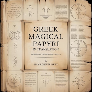 May include: A book titled "Greek Magical Papyri in Translation" by Hans Dieter Betz. The cover features a parchment-like design with ancient symbols and text. The book's title is in a large, bold font.
