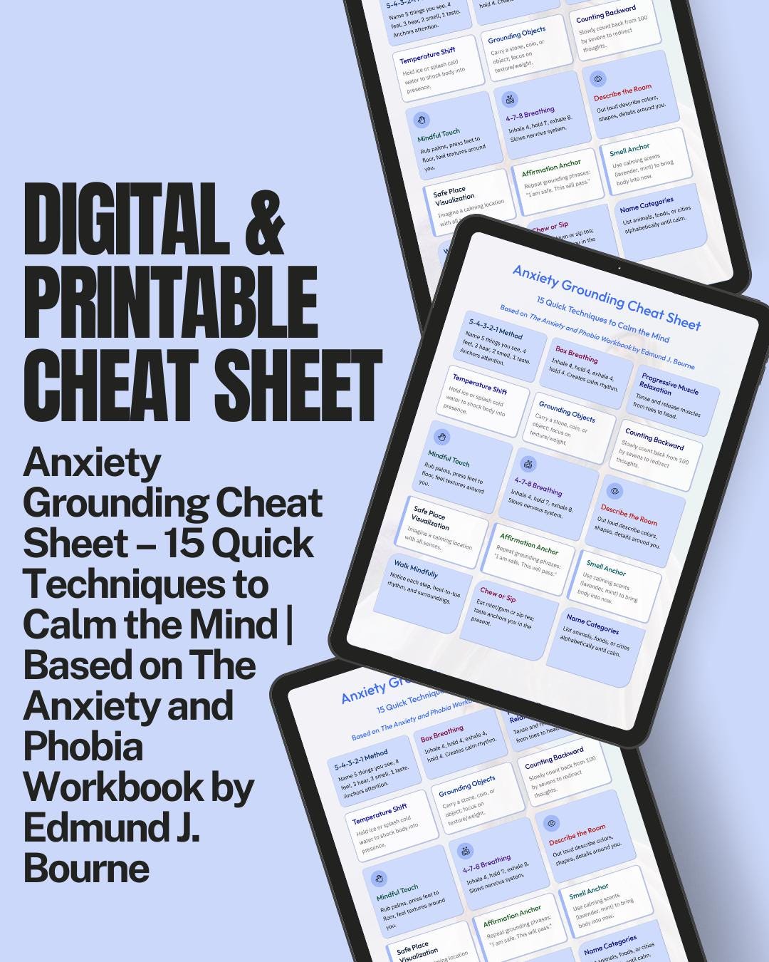 Anxiety Grounding Cheat Sheet: 15 Calming Techniques (PDF, Digital ...