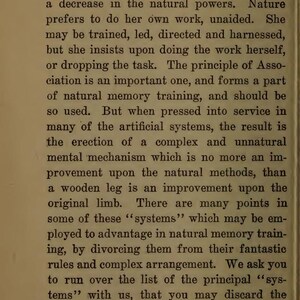 May include: A page from a vintage book with the title "Memory" at the top. The text is in black font on a cream-colored background. The page number "38" is in the upper left corner. The text discusses memory and natural powers.