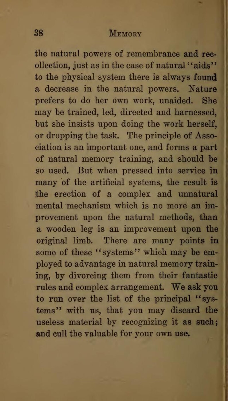 May include: A page from a vintage book with the title "Memory" at the top. The text is in black font on a cream-colored background. The page number "38" is in the upper left corner. The text discusses memory and natural powers.