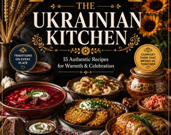 May include: A digital cookbook titled The Ukrainian Kitchen featuring 15 authentic recipes. The cover displays bowls of borscht, potato pancakes, and cabbage rolls, with text stating 35 pages and PDF digital download format included.