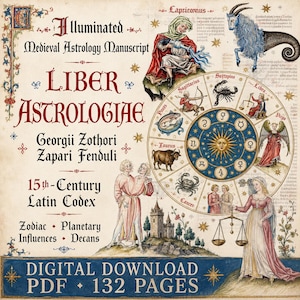 Puede incluir: Un manuscrito de astrología medieval iluminado titulado Liber Astrologiae de Georgii Zothori Zapari Fenduli. La página presenta una rueda zodiacal central con símbolos planetarios, rodeada de ilustraciones de figuras, un castillo y constelaciones.