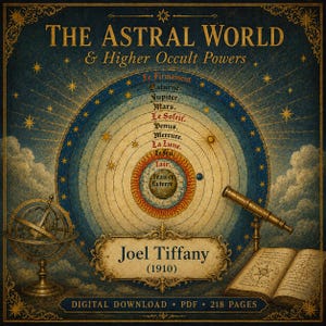 Puede incluir: Una portada de descarga digital titulada The Astral World & Higher Occult Powers por Joel Tiffany (1910). Presenta un diagrama geocéntrico central con cuerpos celestes, una esfera armilar de latón, un telescopio y un libro abierto con una estrella.