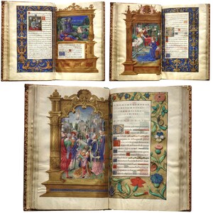 May include: A collection of antique illuminated manuscripts. The open books display vibrant, detailed illustrations within ornate, gilded frames. The pages feature colorful artwork and handwritten text, with decorative borders in blue and gold. The books have aged, textured covers.