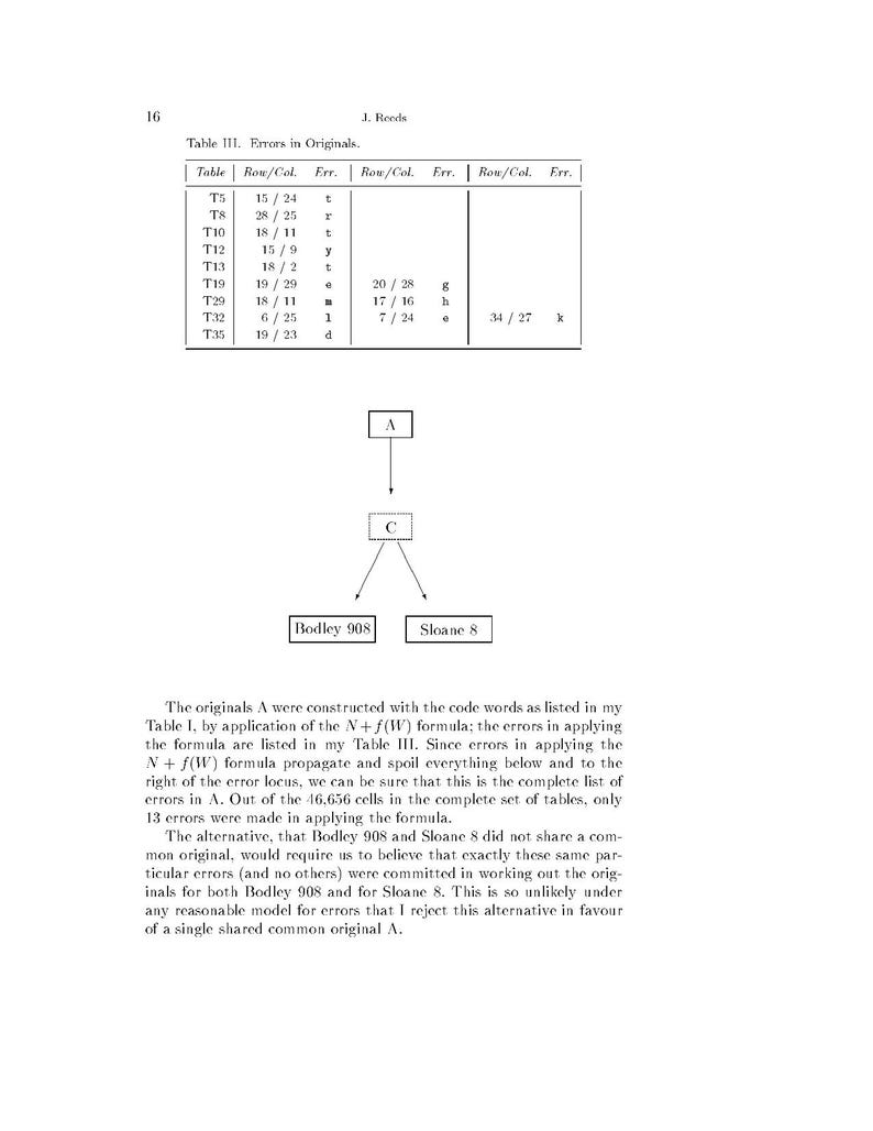 May include: A page from a scholarly text titled J. Reeds, featuring Table III: Errors in Originals, a flow chart with boxes labeled A, C, Bodley 908, and Sloane 8, and a paragraph of text discussing the N + f(W) formula and error propagation.